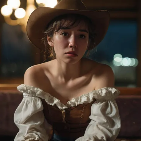 Best quality, masterpiece, ultra high res, panorama, character portrait, very wide shot, narrow waist, cowboy shot night, close-up, streaming tears, indoor, dust, Tyndall effect, sad, disappointed, sitting, crying, frown, nervous, tearing up, lonely, white...
