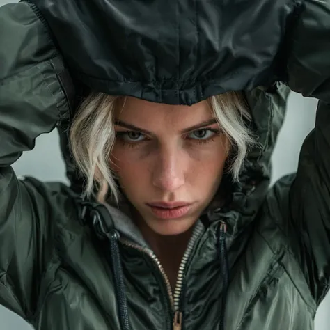photography, cinematic, an image of a woman looking down at the camera and a jacket over her head, highly detailed <lora:style_lora_realis:0.8>