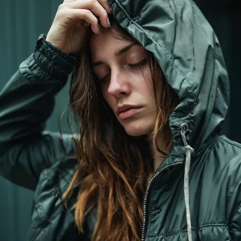 photography, cinematic, an image of a woman looking down at the camera and a jacket over her head, highly detailed <lora:style_lora_realis:0.6>