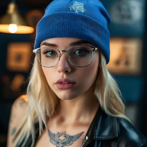A blonde sexy girl, wearing glasses at latex shirt and a blue beanie with a tattoo, blue and white, highly detailed, sublime, extremely beautiful, sharp focus, refined, cinematic, intricate, elegant, dynamic, rich deep colors, bright color, shining light, ...