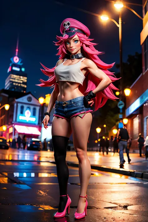 poison,long pink hair, blue eyes,white crop top, pink hat with skull, single elbow glove, single thighhigh, collar, short shorts, heels, looking at viewer, smiling, standing, full body shot, standing, outside, night club, city, night time, high quality, ma...