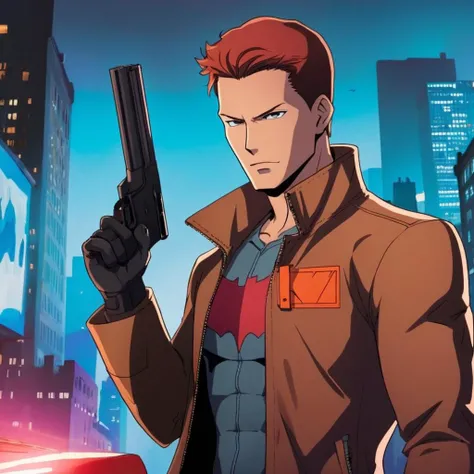 anime artwork of  <lora:Red Hood:1.2>
Red Hood a brunette man in a brown jacket holding a gun in Gotham city universe, anime style, key visual, vibrant, studio anime,  highly detailed