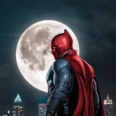 Hyperrealistic art of  <lora:Red Hood:1.2>
Red Hood a man in a red costume standing in front of a full moon in Gotham city universe, Extremely high-resolution details, photographic, realism pushed to extreme, fine texture, incredibly lifelike