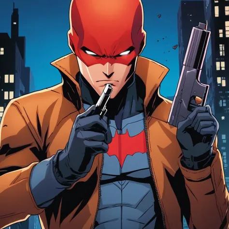 anime artwork of  <lora:Red Hood:1.2>
Red Hood a man with a gun in his hand in Gotham city universe, anime style, key visual, vibrant, studio anime,  highly detailed