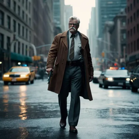 cinematic film still of  <lora:Commissioner Gordon:1.2>
Commissioner Gordon a man holding a gun in a city in Gotham city universe, shallow depth of field, vignette, highly detailed, high budget, bokeh, cinemascope, moody, epic, gorgeous, film grain, grainy