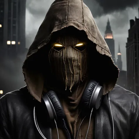 Dark Fantasy Art of  <lora:Scarecrow:1.2>
Scarecrow a person with a hood and headphones on in Gotham city universe, dark, moody, dark fantasy style