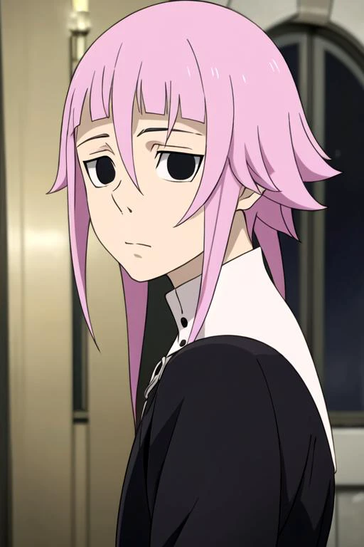 masterpiece, best quality, photorealistic, 1boy, solo, male focus, looking at viewer, upper body, depth of field, , realistic, <lora:crona_soul_eater:0.68>, crona_soul_eater, pink hair, black eyes, short hair with long locks, bags under eyes