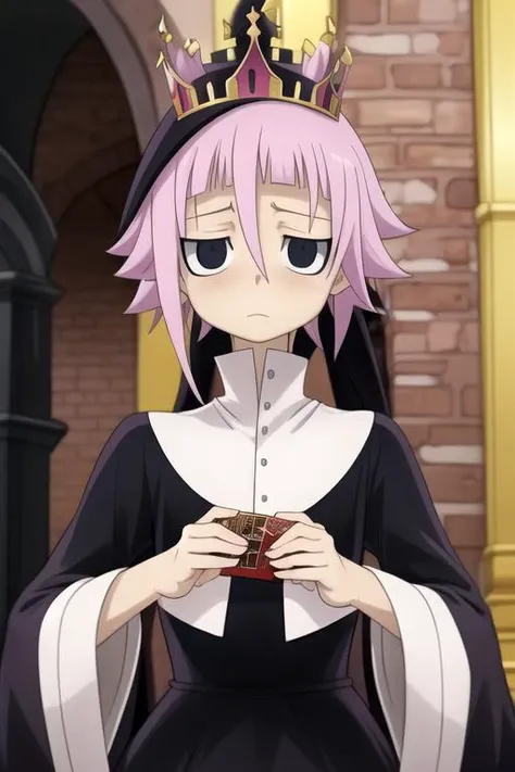 masterpiece, best quality, photorealistic, 1boy, solo, male focus, looking at viewer, upper body, , anime coloring, realistic, <lora:crona_soul_eater:0.68>, crona_soul_eater, pink hair, black eyes, , , patriotic costume, A dark, foreboding castle where a w...