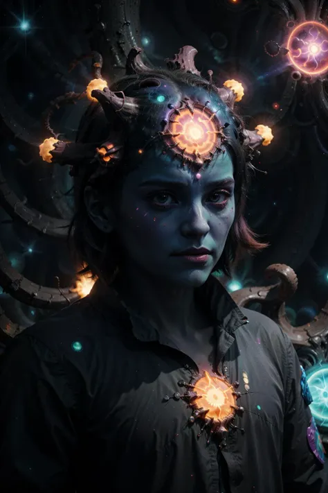 a woman with a head full of glowing lights and a flower