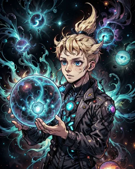 a young man holding a crystal ball in his hands