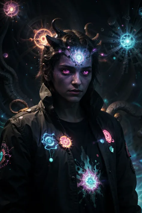 a woman with a horned head and glowing eyes stands in front of a dark background