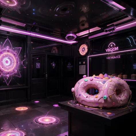 purple neon lights illuminate a large doughnut in a dark room