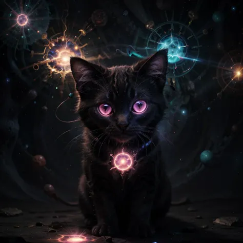 a close up of a cat with glowing eyes and a black background