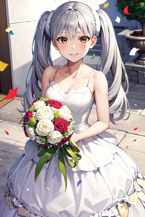 masterpiece, best quality, highres, aasodachi, long hair, twintails, brown eyes, <lora:oikura_sodachi_v1:0.8>, wedding dress, white dress, smile, confetti, holding bouquet,