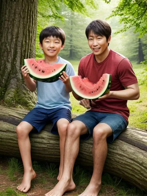 two young boys sitting on a log eating watermelon in a park