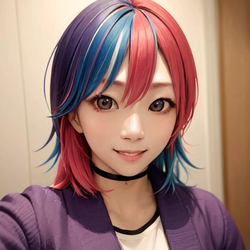 a close up of a person with a colorful hair and a purple jacket