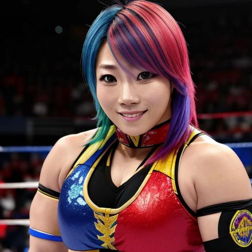 a close up of a woman with colorful hair in a wrestling ring