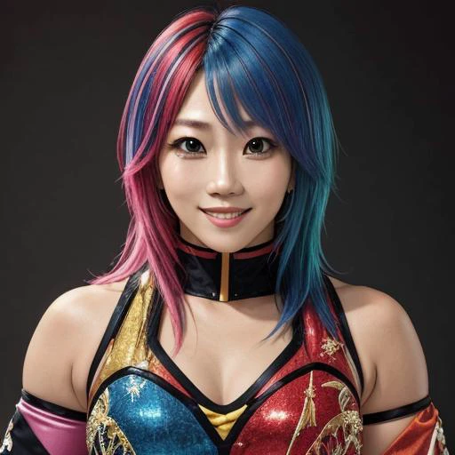 a close up of a woman with colorful hair posing for a picture