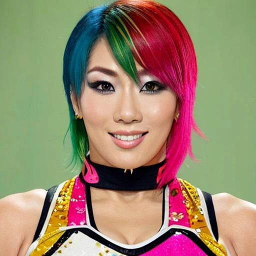 a close up of a woman with colorful hair and a choke