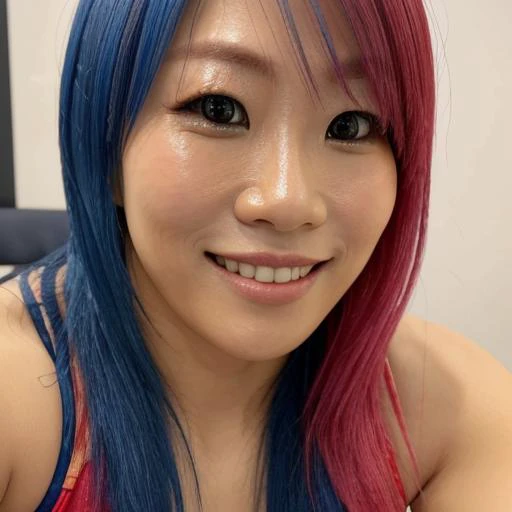 a close up of a woman with a colorful hair and a smile