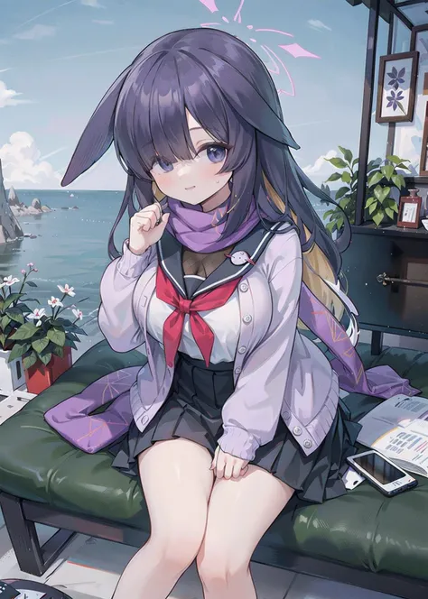 <lora:tsukuyo_v1.0:0.7>,tsukuyo(blue archive),long_hair,purple_hair, purple_eyes,hair_over_one_eye, halo,long dress, serafuku,sailor_collar,fishnets, neckerchief,cardigan, bandaged_leg,outdoors, blush, from above, sitting, looking at viewer, smile,, master...