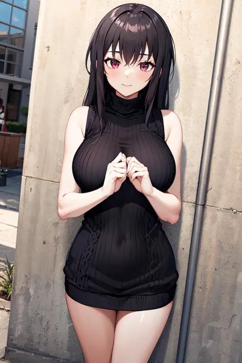 masterpiece, best quality, highres, aaraynare, long hair, black hair, <lora:raynare_v1:0.7>, standing, sweater dress, turtleneck, sleeveless, virgin killer sweater, street, cowboy shot,