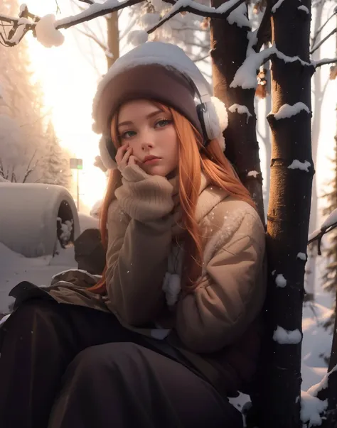 arafed woman sitting in a tree in the snow with a hat on