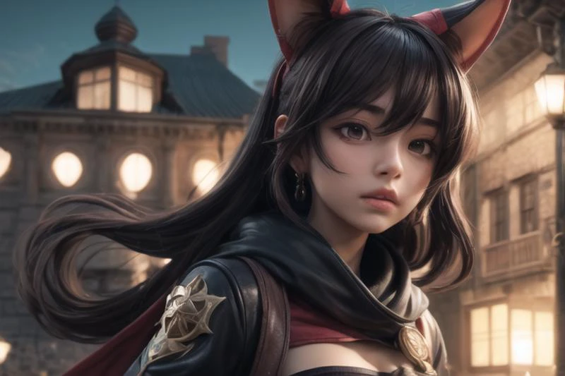 a close up of a woman with a cat ears and a cape