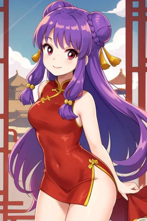 a cartoon girl in a red dress with long purple hair