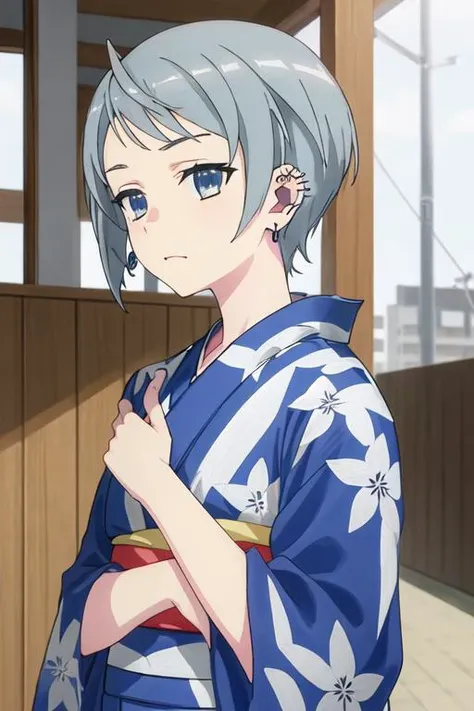 best quality, masterpiece, highres, solo, {yukata:1.40}, {kimono:1.20}, {tsubasa_4ninwasorezoreusootsuku:1.15}, short_hair, blue_eyes, jewelry, earrings, grey_hair, piercing, ear_piercing