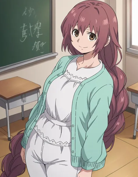 anime girl with long hair standing in front of a blackboard