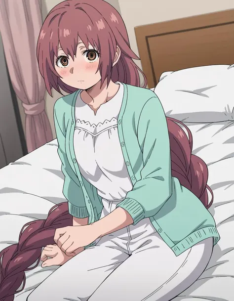 anime girl sitting on a bed with her long hair in a ponytail