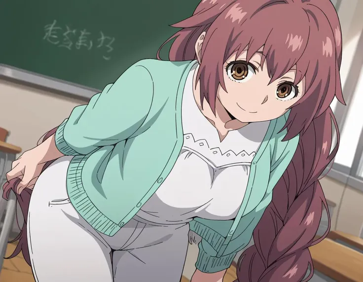 anime girl with long hair and a green sweater standing in front of a blackboard