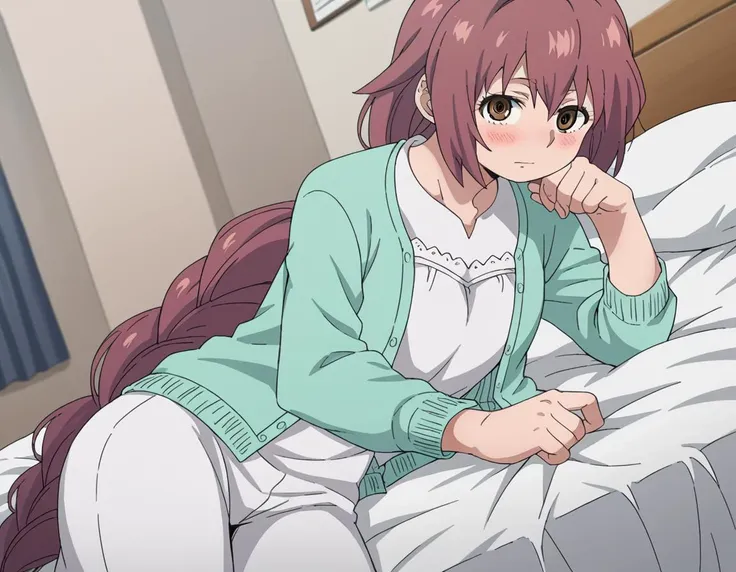 anime girl laying on a bed with her hand on her chin