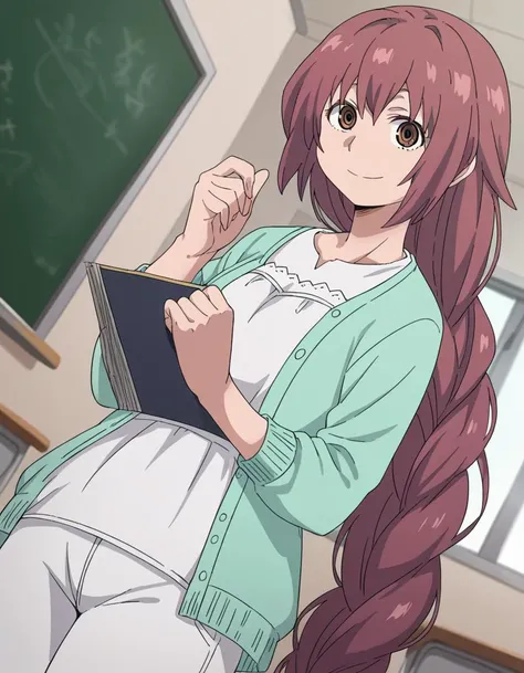 anime girl with long red hair holding a book in a classroom