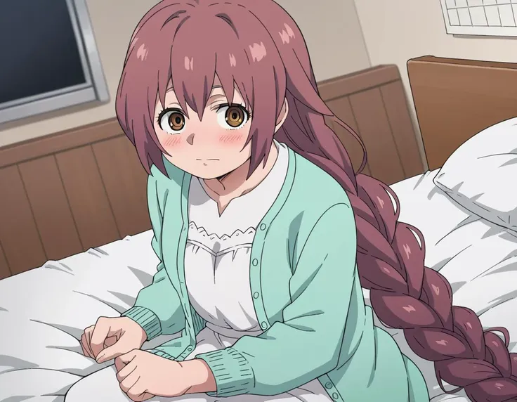 anime girl with long pink hair sitting on bed in room