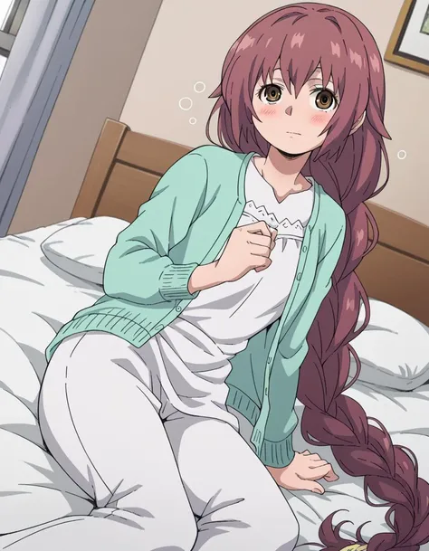 anime girl with long hair sitting on bed with white sheets