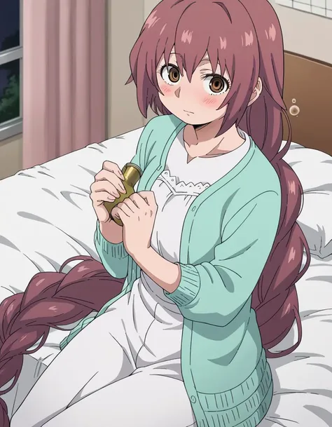 anime girl with long hair sitting on bed holding a bottle