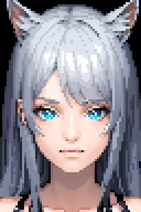 1girl, <lora:64x3:1.2> 64x3, pixelart, long hair, cat ears, glowing eyes, black hair, white hair, multi hair color, blue eye