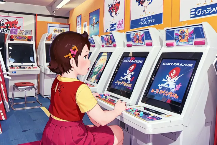 <lora:0 ALPShaiji:1>,haiji,solo,1girl,long skirt,<lora:gamecenter_SD15_V1:0.5>, game_center,scenery,japan,arcade cabinet,chair,poster (object),indoors,