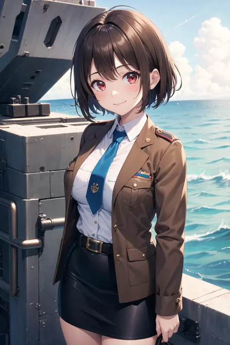 1girl, closed mouth, light smile, brown hair, red eyes, short hair, military uniform, brown jacket, breast pocket, blue necktie, belt, pencil skirt, standing, looking at viewer, outdoors, ocean, military ship, military vehicle