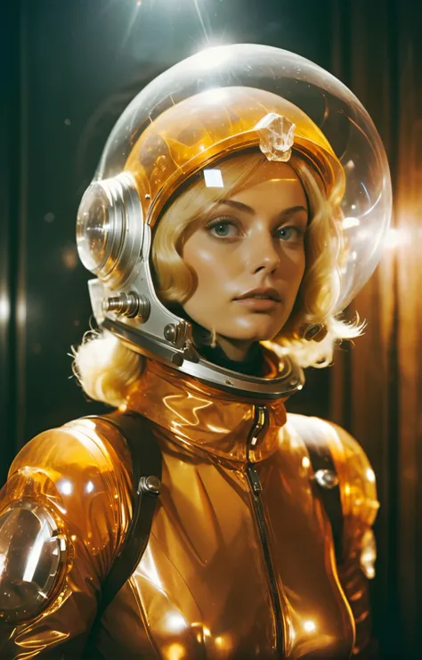 analog film photo. ambr1 fabulous 1970s blond sci-fi pulp cosmonaut wearing a crystal helmet, cinematic <lora:ambr1:1>. Hard light, hard shadows, faded film, desaturated, 35mm photo, grainy, vignette, vintage, Kodachrome, Lomography, stained, highly detail...