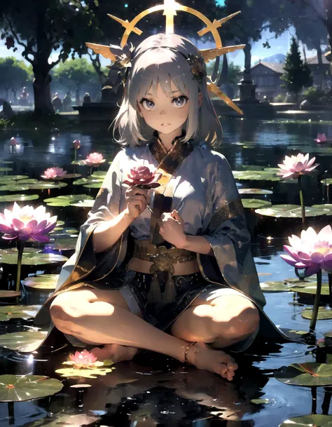 best quality, (vibrant colors:1.1), (silver:1.1), indian style, cross legged, mudram [meditation] BREAK 1girl, solo, folo focus, smile, blush, looking at viewer, silver hair ornament, (halo:1.2), lotus, lotus flower base, lotus pedestal, reflection