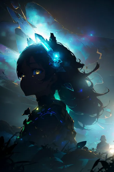 highest quality, 8k, UHD, extreme resolution, masterpiece, tribal, (1girl), fox ears, floating hair, long hair, (looking afar), golden paint, 1girl, best color, neon, blue and green and purple, starry sky, dark theme, backlighting, reflective surface, silh...