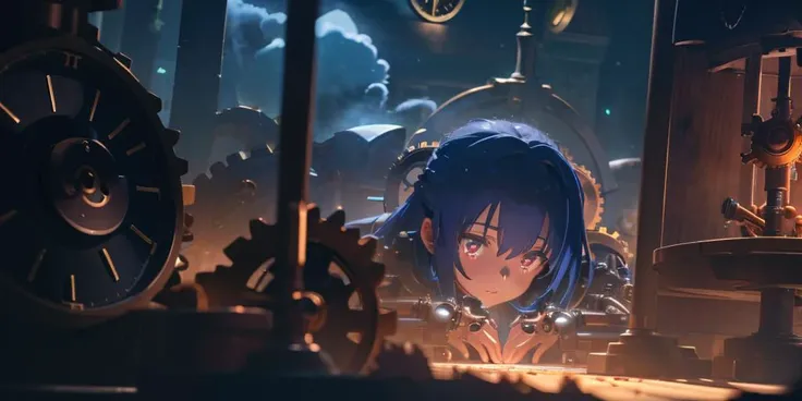 (Close-up:1.2), 1girl, solo, standing inside a fantasy clock tower, blue hair, white eyes, magician robes outfit, intricate background, (clockwork, mechanical items, many cogs:1.2), workshop, all connected, dusty floor, shadowy smoke, dim lighting, panoram...