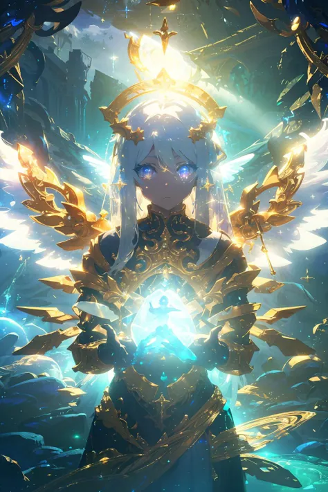 (intricate details), (****), eldritch, (dream), illustration, heaven background, 1girl, white hair, golden eyes, long hair, halo, angel wings, serene, looking at viewer, green, (white:1.2), (white:0.8), immaculate, heroic (theme), glow, glowing eyes, (spar...