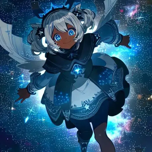 high fantasy black girl, dark skin, with long silver pigtails and blue eyes, wearing a blue and white dress. light coloured multi coloured star background. happy look on face.