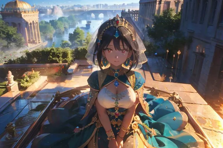 1Girl, Beautiful, Persian princess, straightened long black hair, red eyes, intricate outfit, jewelry with gemstones, Babylon, royal gardens, overlooking the city, majestic, masterpiece, best quality, amazing detail, 4k, 8k, UHD, view from above, to scale,