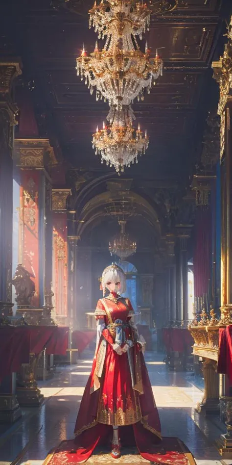 1Girl, full body, elegant, white hair, green eyes, intricate red gown, silver earrings, palace interior background, golden chandelier, highest quality, highly detailed, 4k, 8k, UHD, to scale, anime