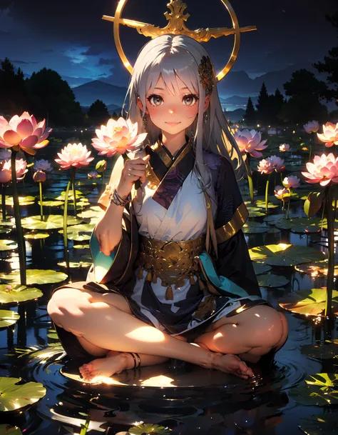 best quality, (vibrant colors:1.1), (silver:1.1), indian style, cross legged, mudram [meditation] BREAK 1girl, solo, folo focus, smile, blush, looking at viewer, silver hair ornament, lotus, lotus flower base, lotus pedestal, reflection